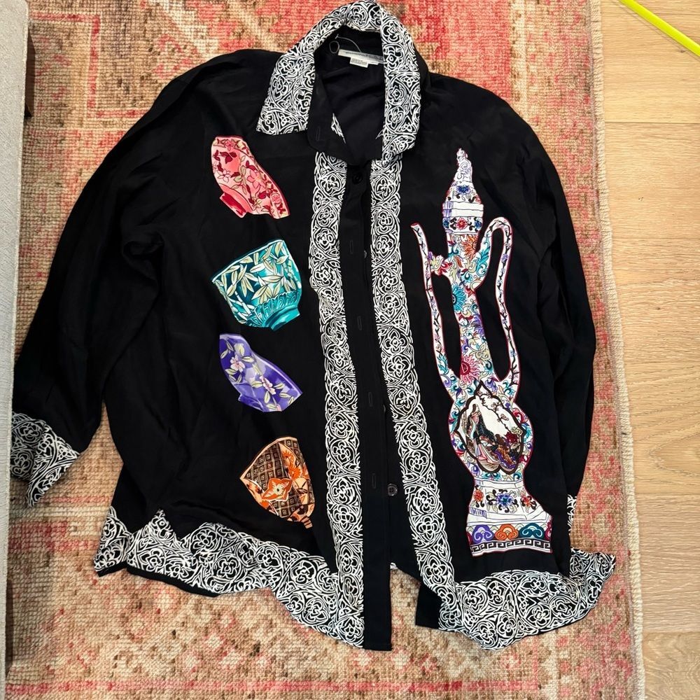 Diane Von Furstenberg Sz L Black Silk Asian Urn Art-to-Wear Tunic Jacket Top